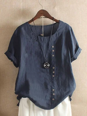 Women's Casual Round Neck Plain Buttons Short Sleeve Cotton Summer Blouse