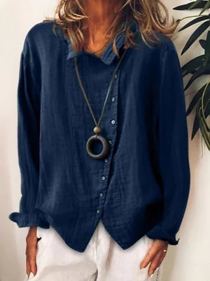 Blue Button Lapel Long Sleeve Casual Shirt For Women