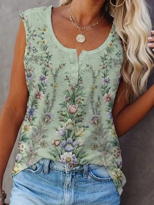 Green Floral Printed Round Neck Sleeveless Tank