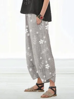 Gray Casual Floral Printed Pants With Pockets