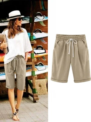 Khaki Solid Holiday Loose Shorts with Pockets