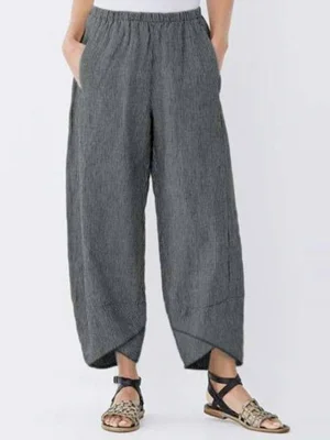 Women's Solid Color Cotton Stripe Casual Cropped Pants With Pockets