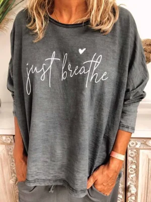 Casual Crew Neck Long Sleeve  Alphabet Printed Blouse