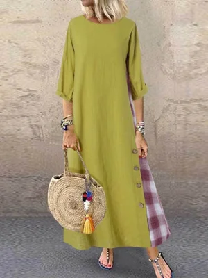 3/4 Sleeve Round Neck Plaid Patchwork Casual Maxi Dress