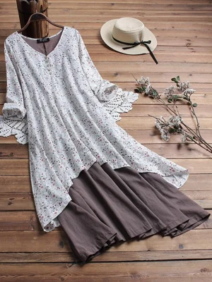 Casual Long Sleeve V-neck Floral Printed Vintage Maxi Dress