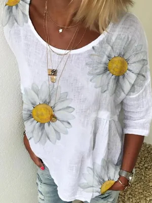 Casual Sunflower Printed Round Neck Blouse