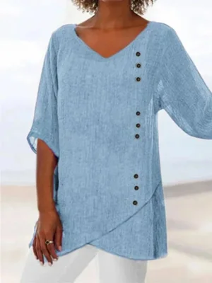 Blue V-neck Half-sleeve Button-front Women's Casual Blouse