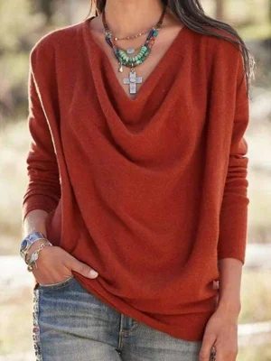 V-neck Long Sleeve Solid Color Warmer Top