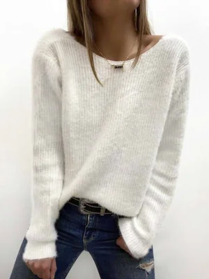 Plain Round Neck White Long Sleeve Sweater