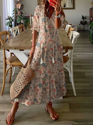 Casual Floral Half Sleeve Tassel Maxi Dress