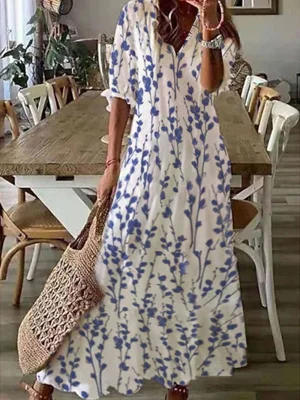V Neck Loose Blue Floral Casual Maxi Dress