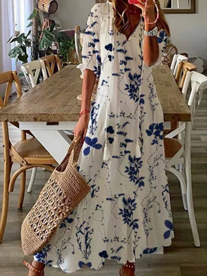 V Neck Blue Floral Loose Casual Maxi Dress