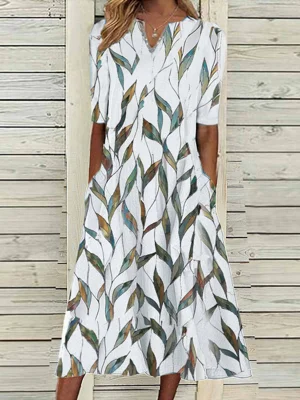 V-neck Half Sleeve Leaf Print Midi Dress