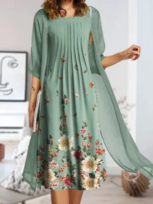 Green Casual Round Neck Floral Printed Half Sleeve Dresses
