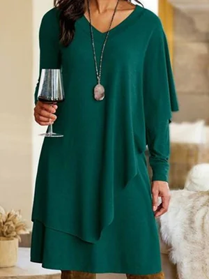 V Neck Long Sleeve Loose Fit Green Midi Dress
