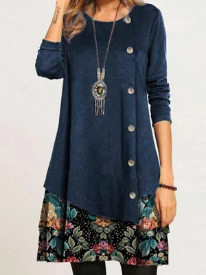 Casual Crew Neck Long Sleeve Loose Fit Floral Button Mini Dress