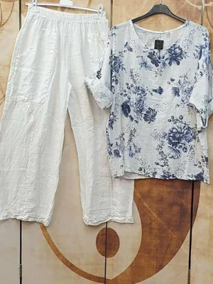 White Casual Round Neck Floral Printed Short Sleeve Twopiece