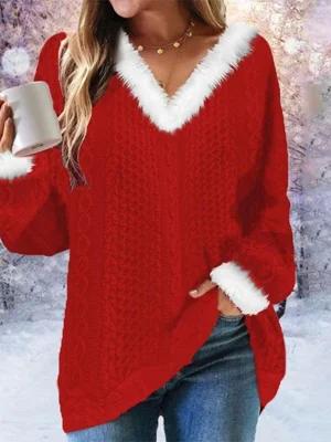 Red Long Sleeve V-Neck Top