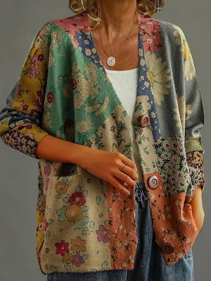 Women's Long Sleeve Pocketed Retro Floral Print Cardigan