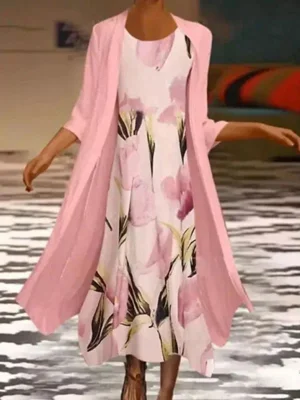 Pink Casual Round Neck Floral Printed Two Pieces Dresses
