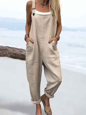 Women's Casual Loose-Fit Cotton Overalls Jumpsuit with Adjustable Straps and Pockets