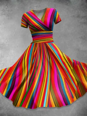 Retro Rainbow Stripe Print Casual Dress