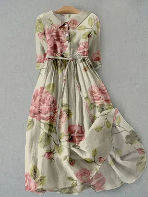 Vintage Botanical Floral Design Print Casual Lapel Dress