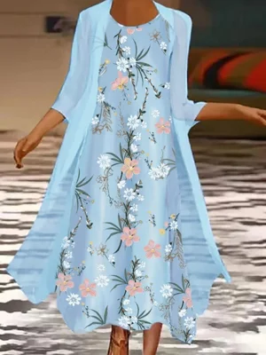 Casual Sky Blue Floral Printed Round Neck Two Piece Maxi Dress