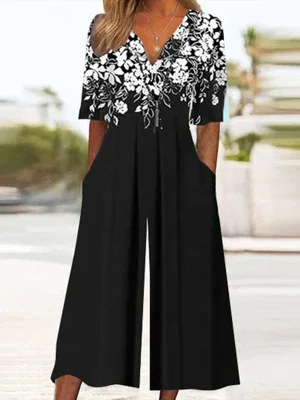 Black Floral Print Half Sleeve Jumpsuit