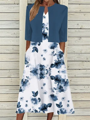 Floral Short Sleeve Comfy Two-Piece Midi Dress