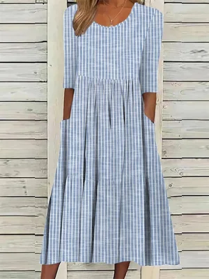 Women's Round Neck Striped Half Sleeve Casual Midi Dress with Pockets