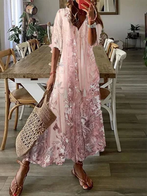 Women's V-neck Floral Half Sleeve Casual Loose Maxi Dresses