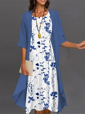 Crew Neck Half Sleeve Floral Two Piece Midi Dress