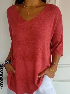 Women's Long Sleeve V-neck Solid Color Casual Knit Sweater