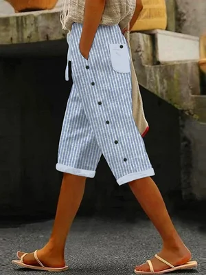 Fresh Blue Striped Print Side Pocket Summer Pants
