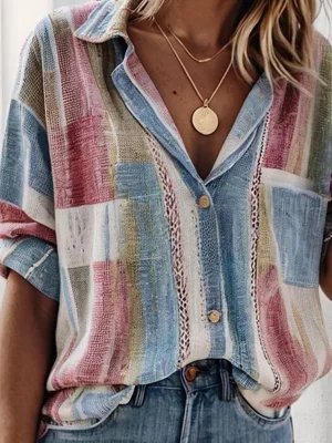 Vintage Patchwork Buttoned 3/4 Sleeve V Neck Shirt