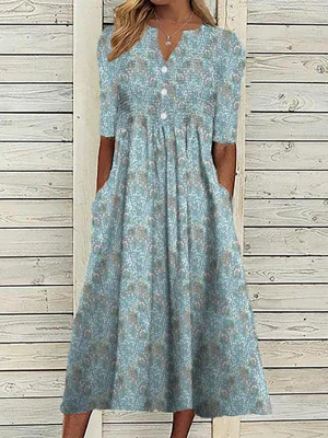 V-Neck Casual Loose Floral Vacation Half Sleeve Midi Dress
