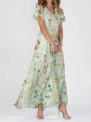 Light Green Floral Ruffle V Neck Maxi Dress