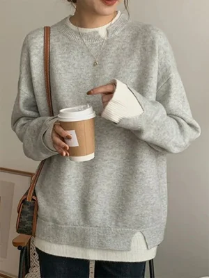 Gray Casual Graphic Tops Round Neck Long Sleeve Solid Sweaters