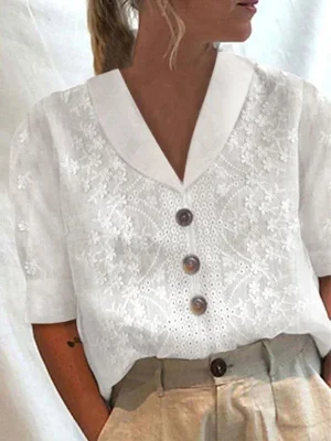Women's Cotton Lace Lapel Button Down Short Sleeve Shirt