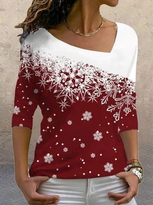 Red Casual Graphic Tops V-neck Long Sleeve Snowflake Printed Xmas Sweatshirts