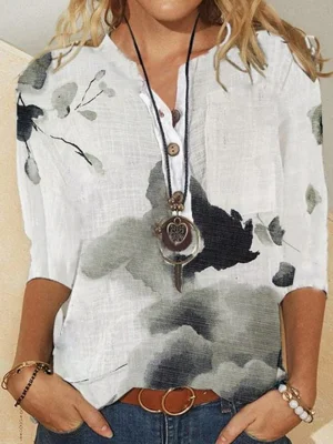 V-neck 3/4 Sleeve Graphic Print White Blouse