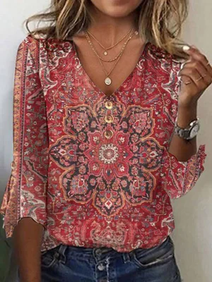 Floral Print 3/4 Sleeve V-Neck Top