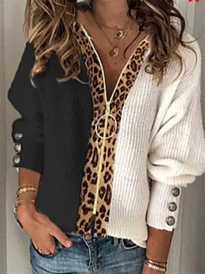Casual V Neck Leopard Printed Long Sleeve Sweater