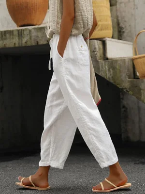 White Loose Women's Casual Pants with Side and Back Pockets