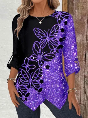 Women Long Sleeve Scoop Neck Floral Butterfly Printed Graphic Asymmetrical Button Top