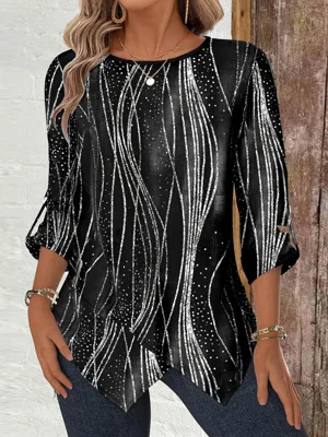 Women Long Sleeve Scoop Neck Striped Printed Black Top