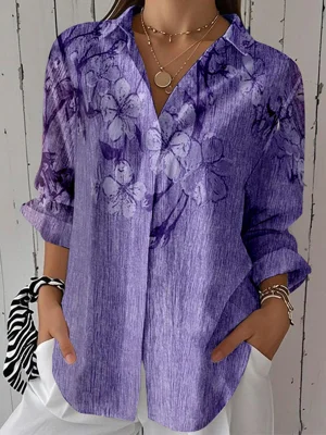 Women 3/4 Sleeve Lapel Floral Printed Purple Top
