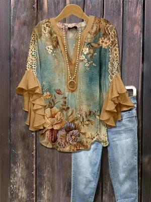 Vintage Floral Print V-neck 3/4 Sleeve Blouse