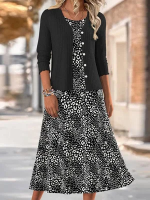 Unique Round Neck Long Sleeve Midi Dress